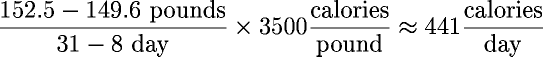 (152.5 - 149.6) / (31 - 8) pounds/day � 3500 calories/pound ~= 441 calories/day