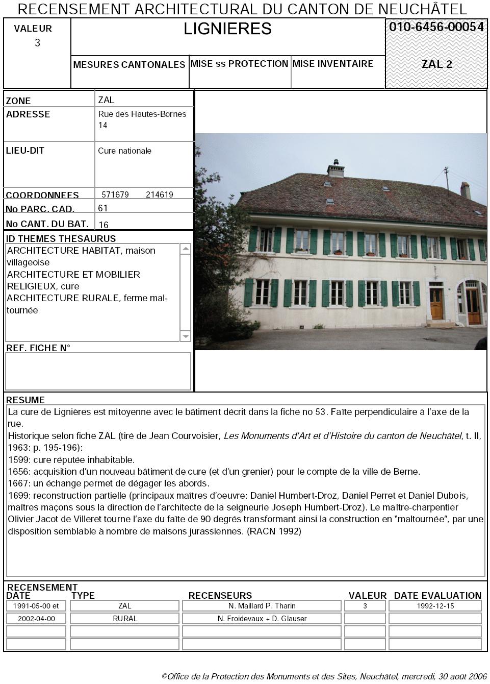 Recensement architectural du canton de Neuch&acirc;tel: Fiche 010-6456-00054