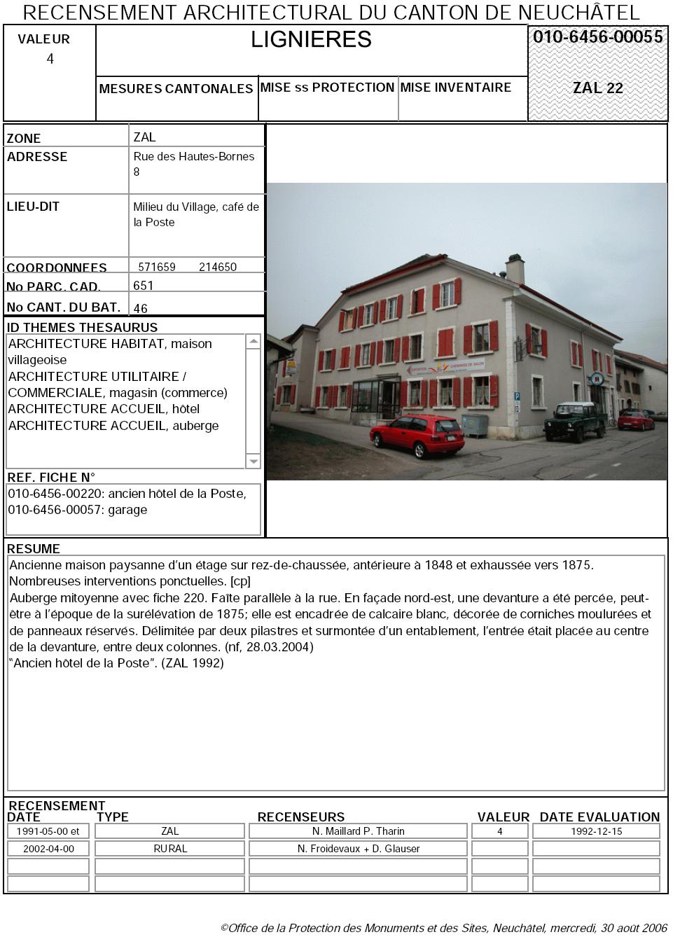 Recensement architectural du canton de Neuch&acirc;tel: Fiche 010-6456-00055