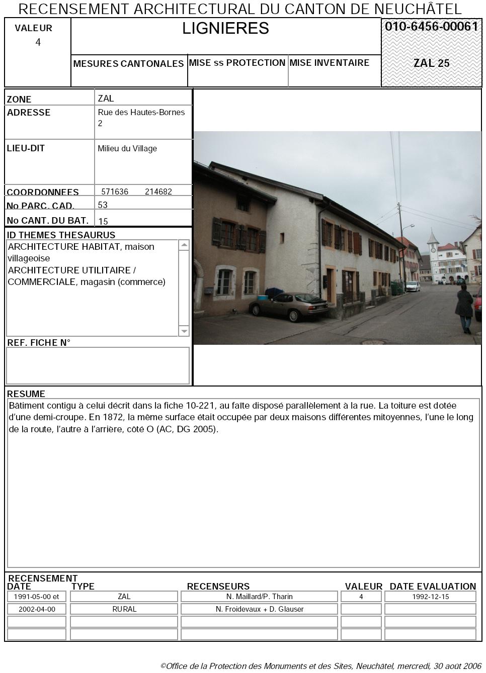 Recensement architectural du canton de Neuch&acirc;tel: Fiche 010-6456-00061