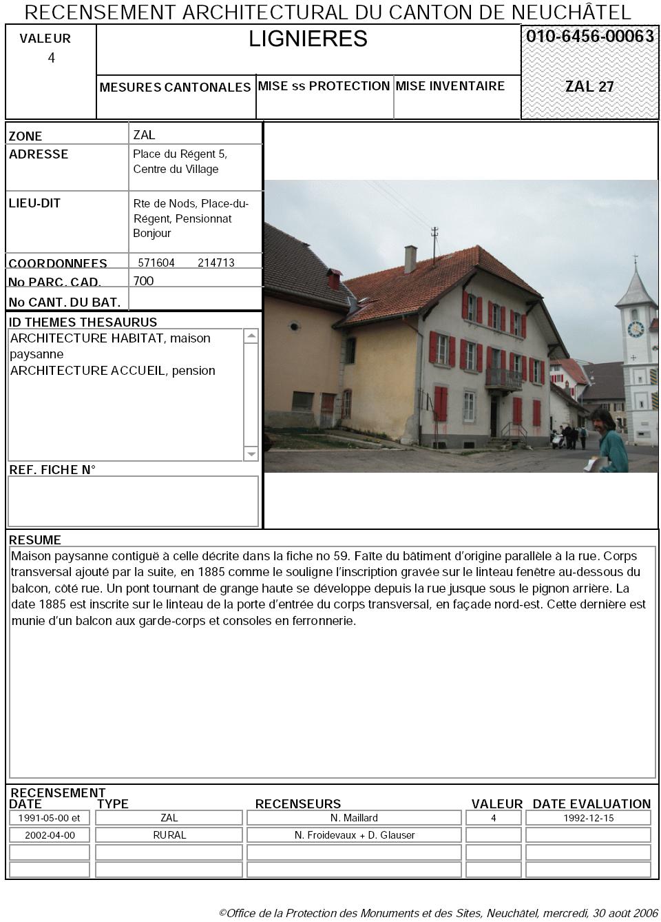 Recensement architectural du canton de Neuch&acirc;tel: Fiche 010-6456-00063