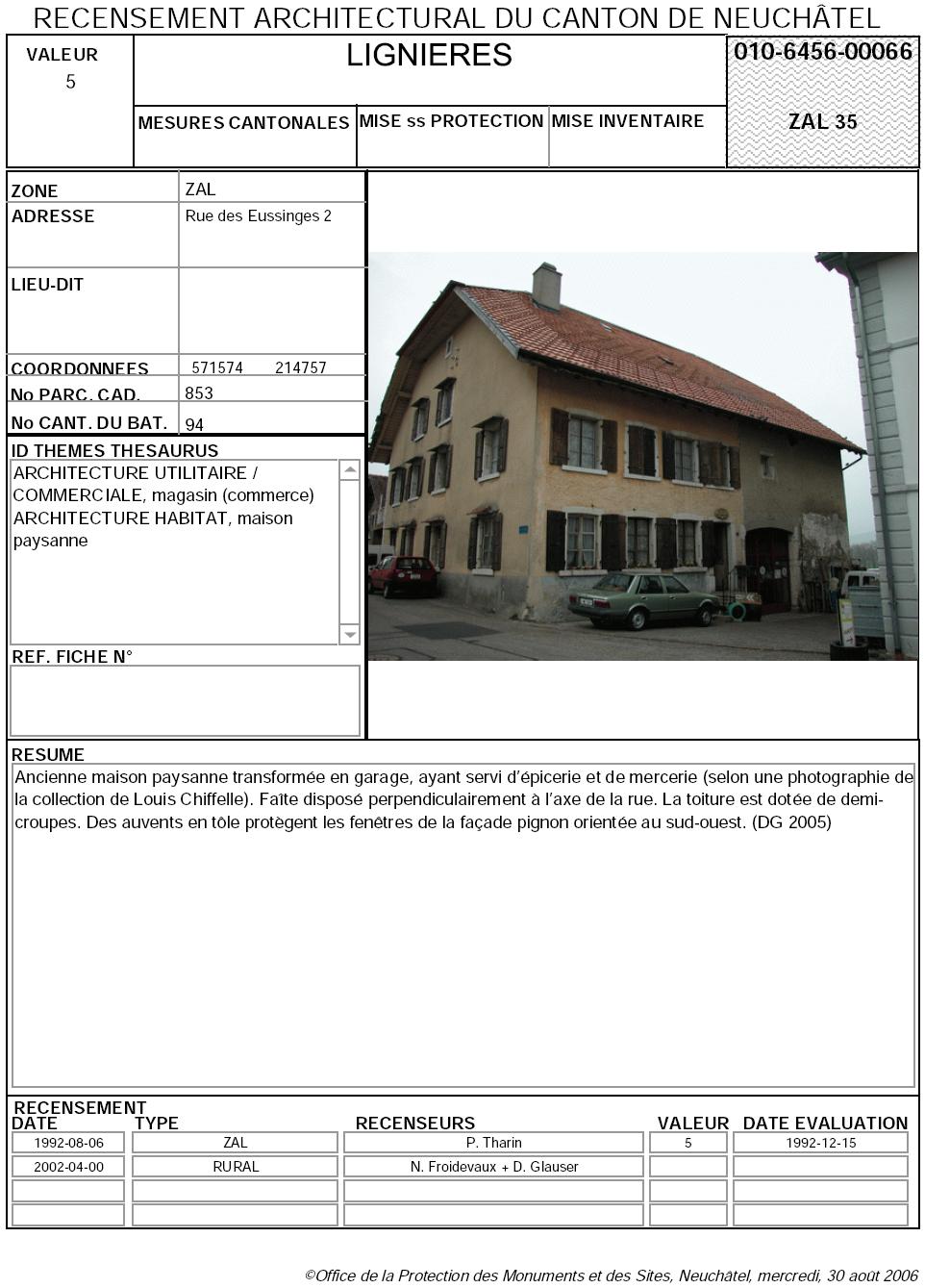 Recensement architectural du canton de Neuch&acirc;tel: Fiche 010-6456-00066
