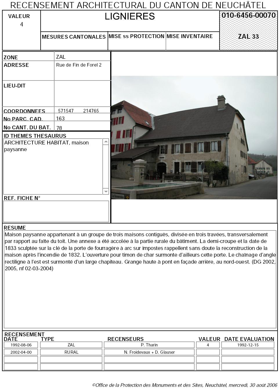Recensement architectural du canton de Neuch&acirc;tel: Fiche 010-6456-00070