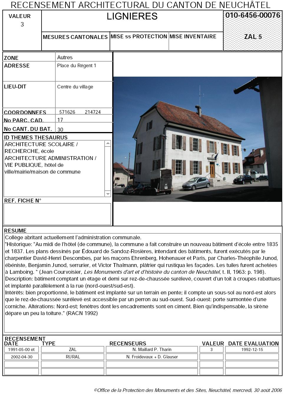 Recensement architectural du canton de Neuch&acirc;tel: Fiche 010-6456-00076