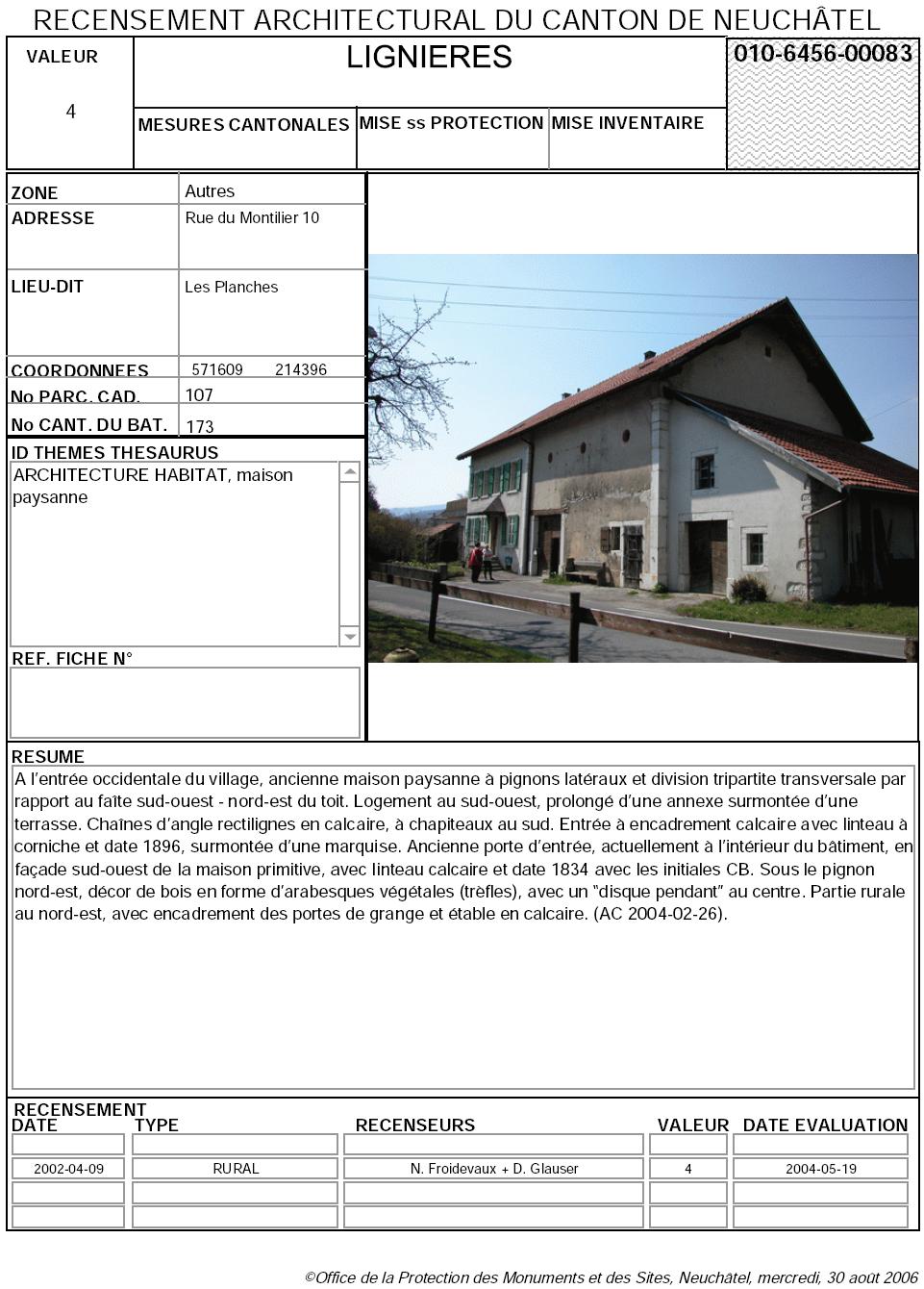Recensement architectural du canton de Neuch&acirc;tel: Fiche 010-6456-00083