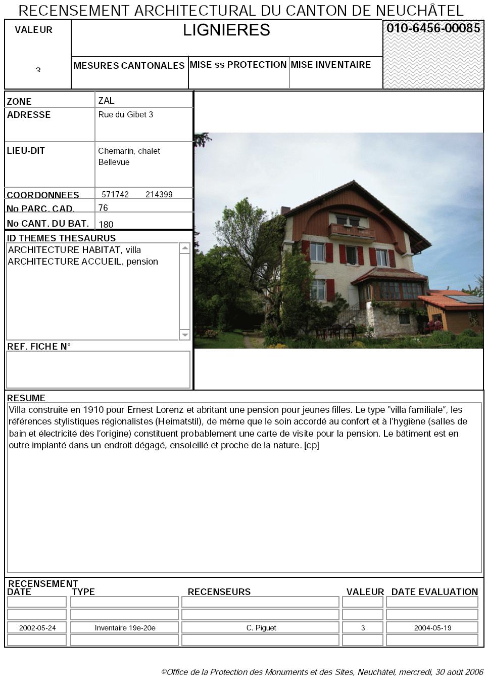 Recensement architectural du canton de Neuch&acirc;tel: Fiche 010-6456-00085