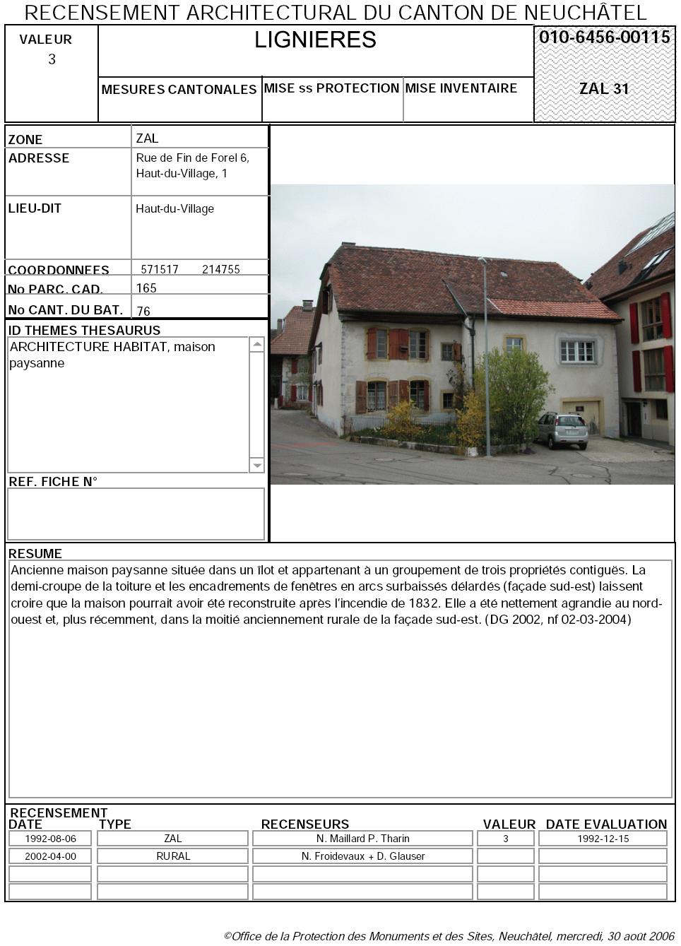 Recensement architectural du canton de Neuch&acirc;tel: Fiche 010-6456-00115