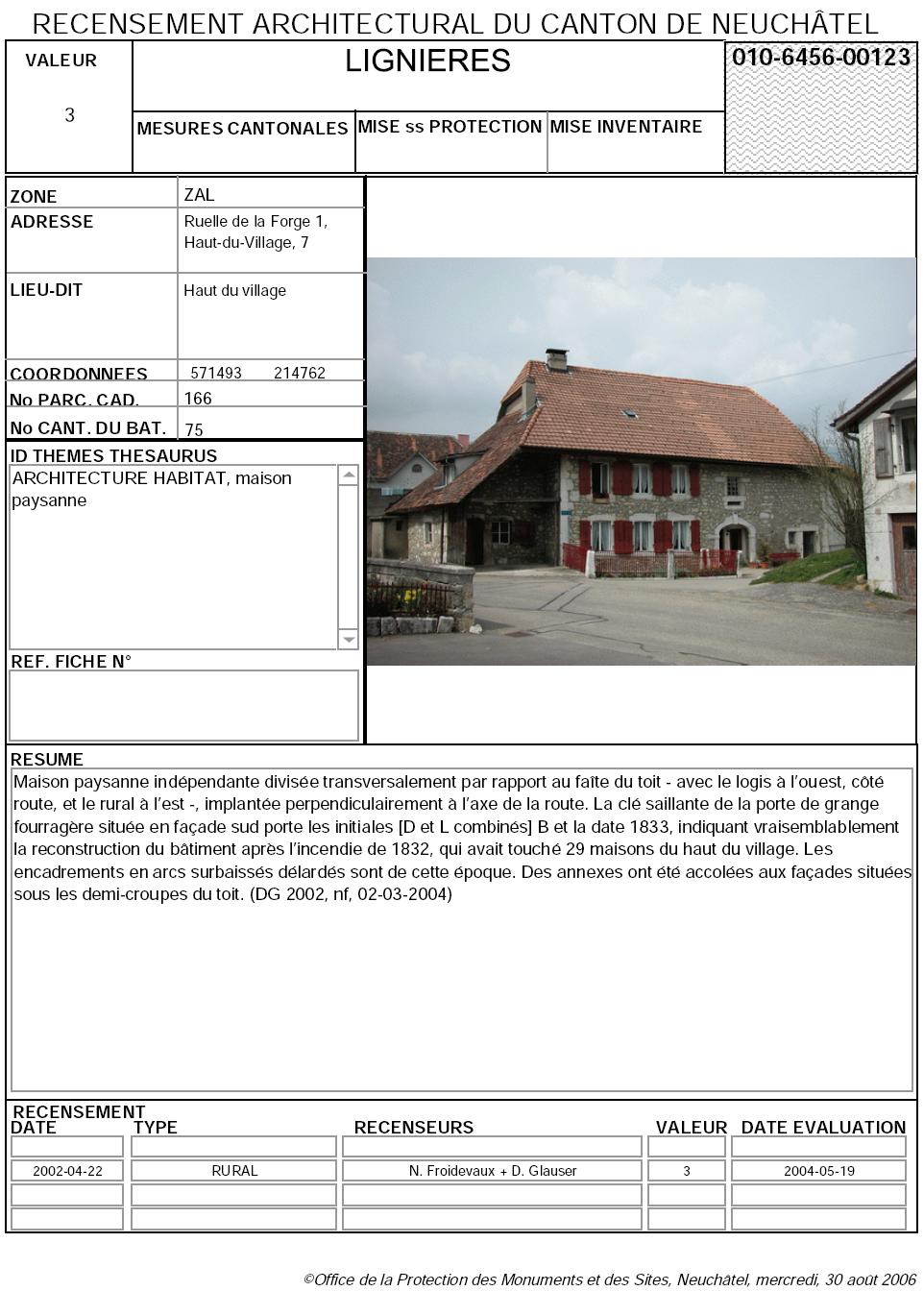 Recensement architectural du canton de Neuch&acirc;tel: Fiche 010-6456-00123