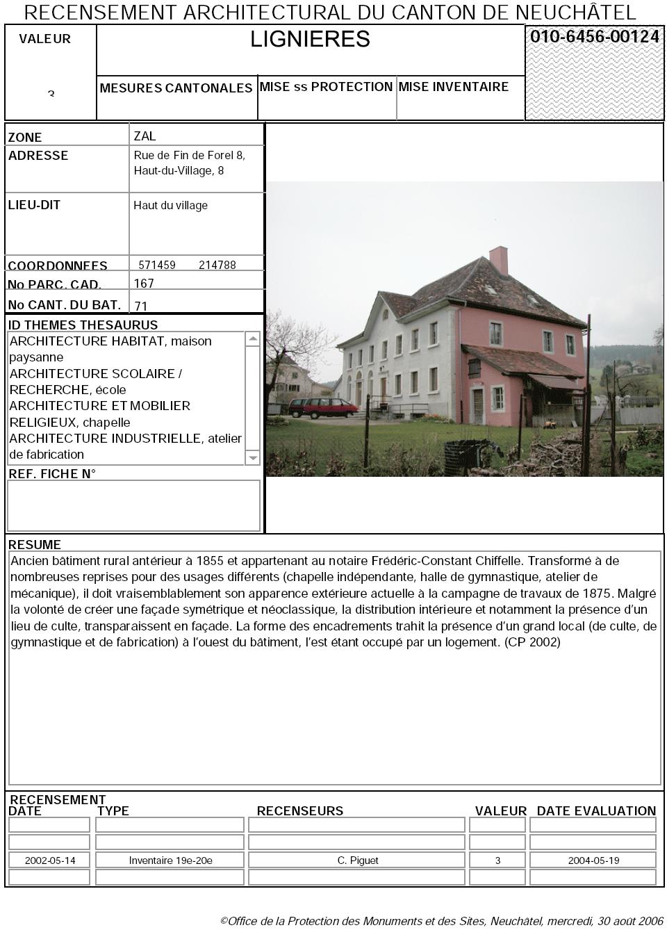 Recensement architectural du canton de Neuch&acirc;tel: Fiche 010-6456-00124
