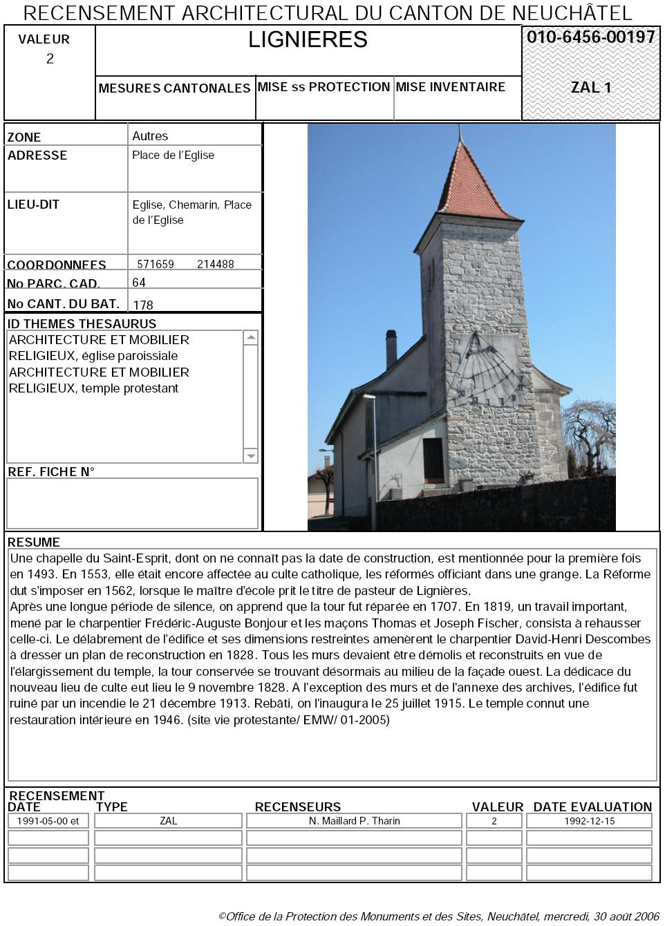 Recensement architectural du canton de Neuch&acirc;tel: Fiche 010-6456-00197