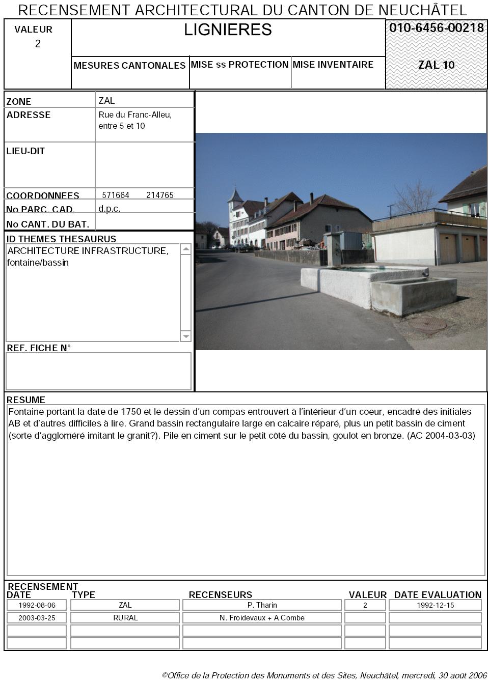 Recensement architectural du canton de Neuch&acirc;tel: Fiche 010-6456-00218