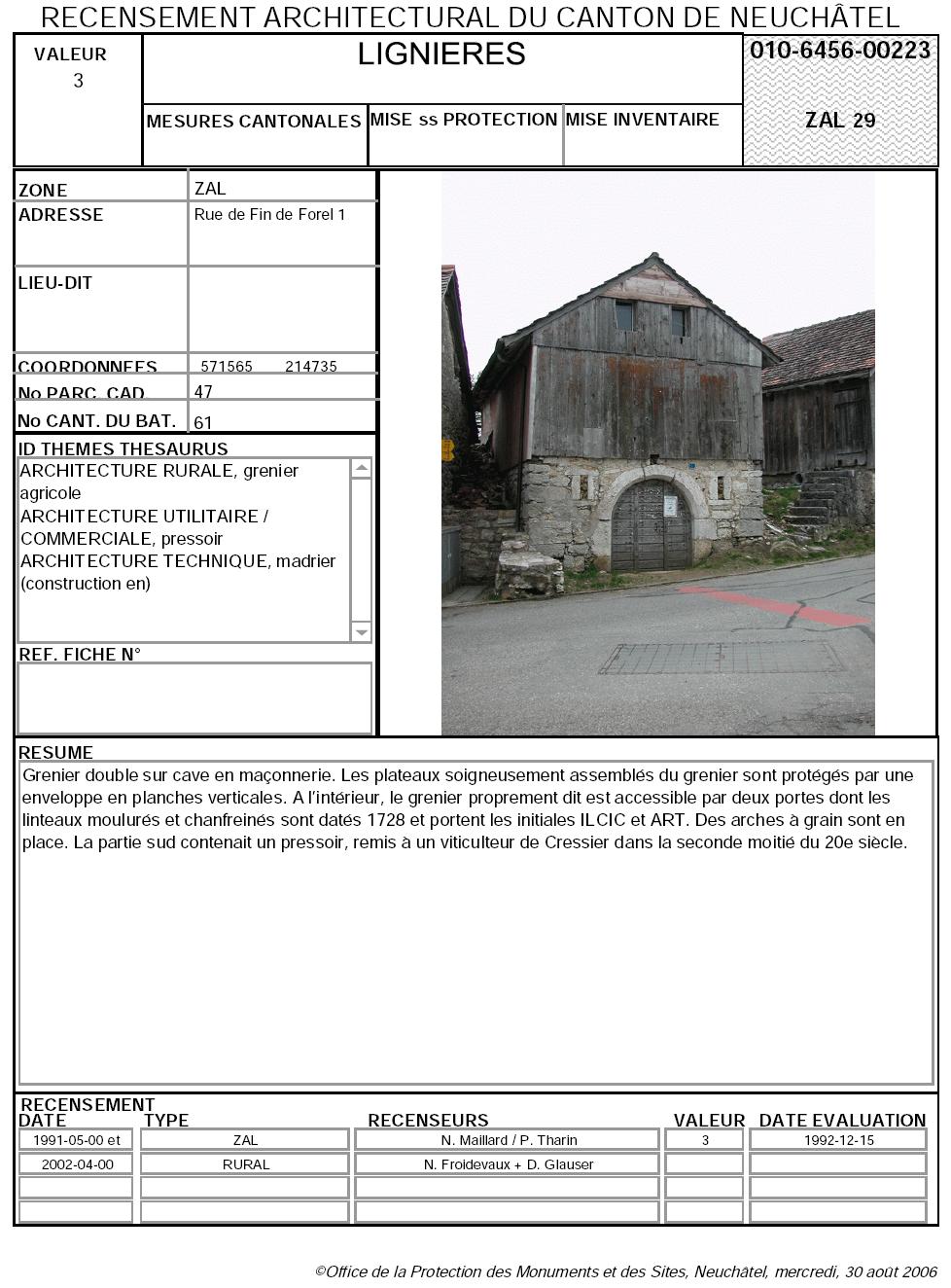 Recensement architectural du canton de Neuch&acirc;tel: Fiche 010-6456-00223