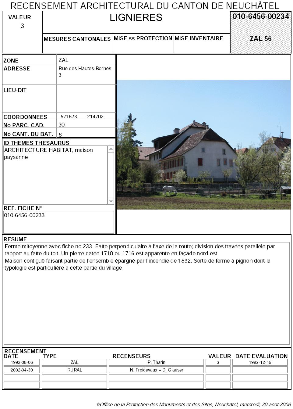 Recensement architectural du canton de Neuch&acirc;tel: Fiche 010-6456-00234