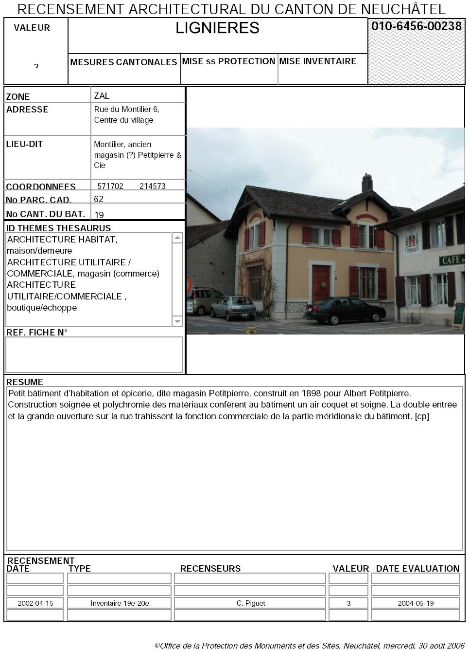 Recensement architectural du canton de Neuch&acirc;tel: Fiche 010-6456-00238