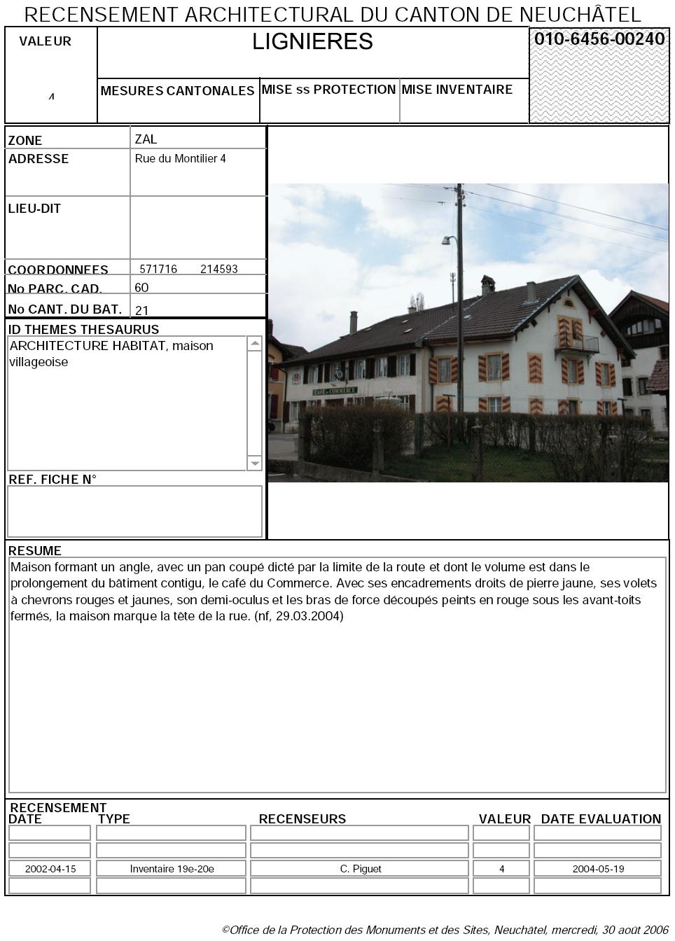 Recensement architectural du canton de Neuch&acirc;tel: Fiche 010-6456-00240